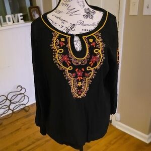 Style & Co. Black Blouse with Red and Gold Embroidery